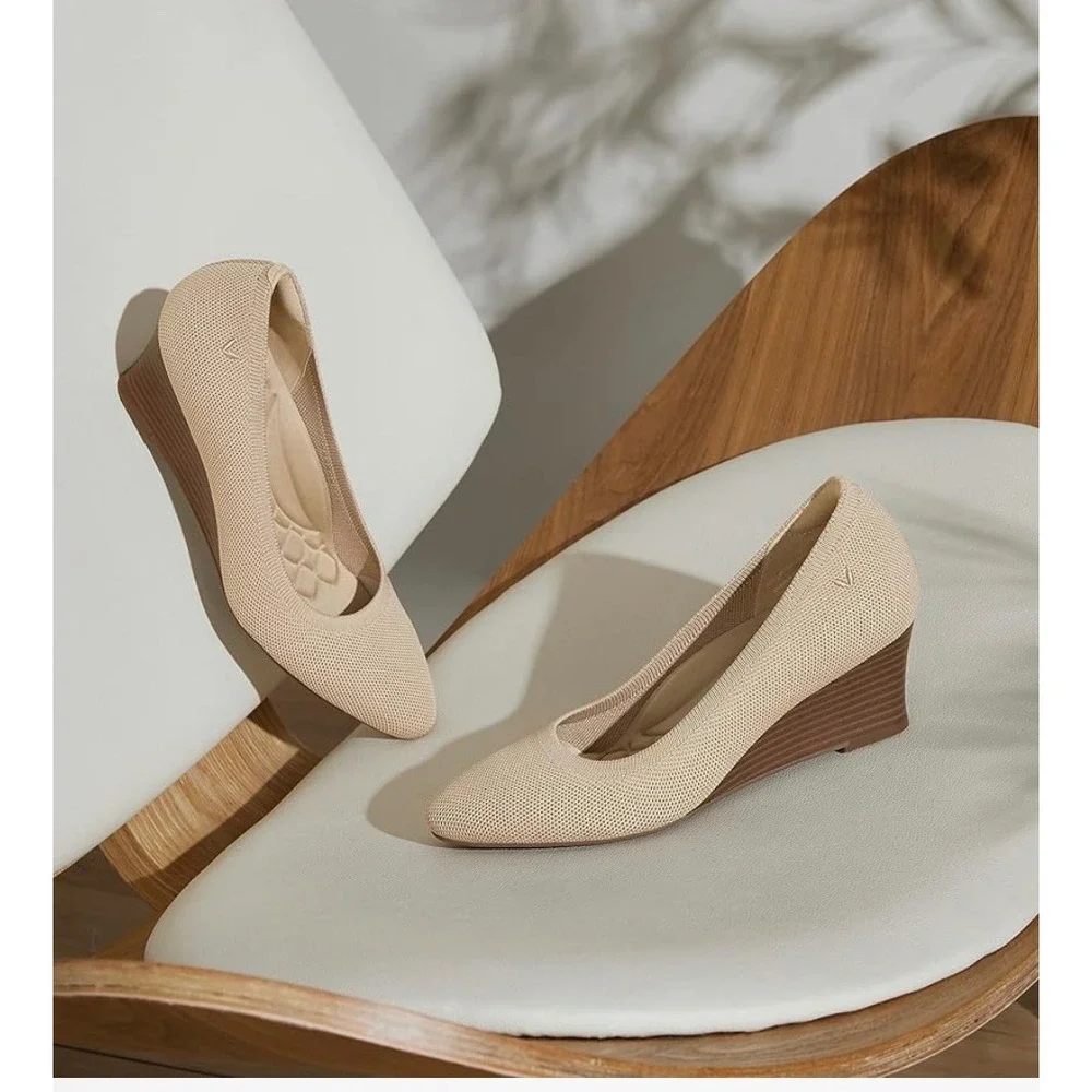 VIVAIA Womens Beige Knit Wedge Heel Pumps Comfortable Slip On‎ Shoes US/10